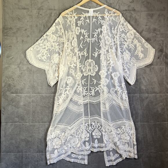 Cream Lace Long Open Kimono Coverup S/M Gypsy Festival Fairy Coastal Cowgirl - Picture 5 of 8